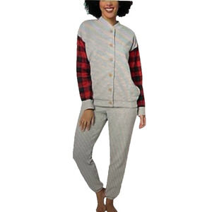 MUK LUKS Quilted Bomber Jacket and Jogger Lounge Set Grey/Buffalo XS A656013